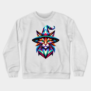 Geometric Witch Cat: Vibrant Polygon Art Crewneck Sweatshirt